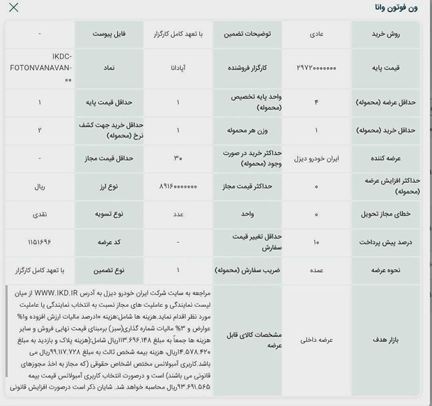 عرضه ون وانا ایرانخودرو دیزل در بورس کالا