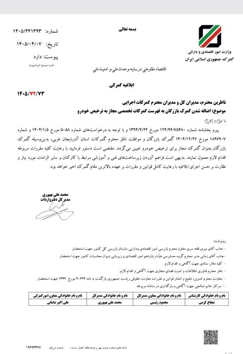 نامه گمرک بازرگان برای ترخیص خودرو
